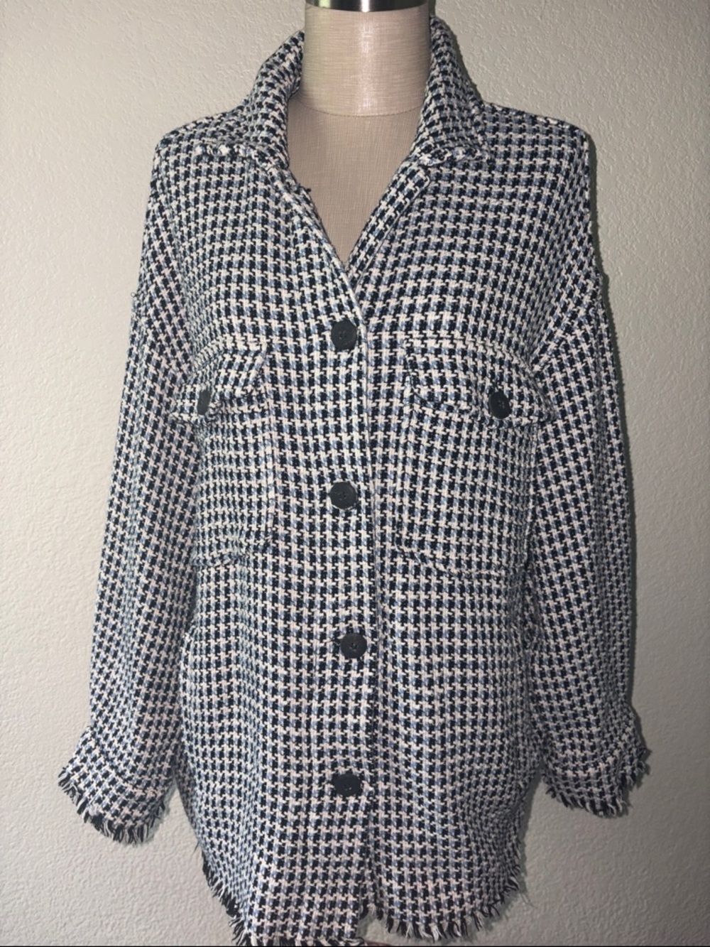 Zara Black & White & Blue Button-Up Blazer Jacket